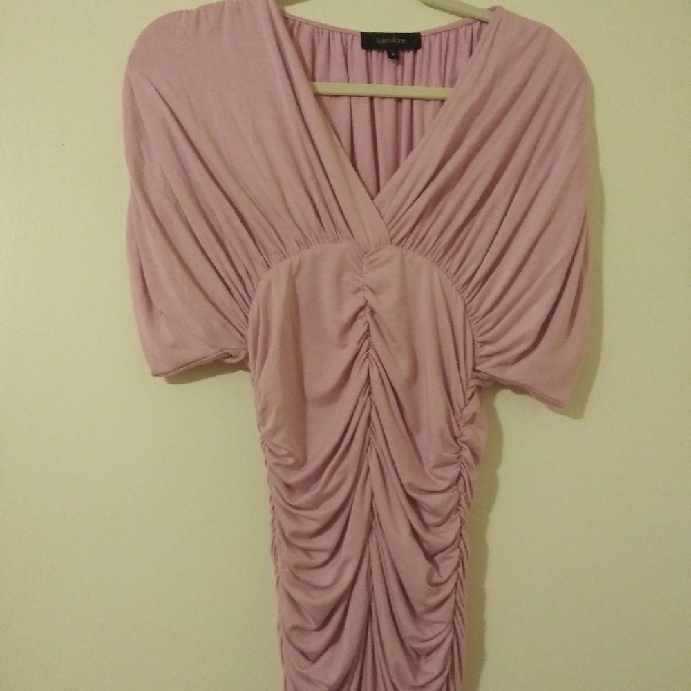 Karen Kane ruched vneck pink knit top Sm